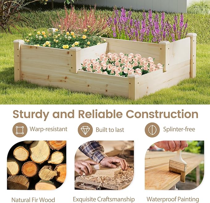 HAPPYGRILL 3-Tier Raised Garden Bed, Wood Elevated Planter Box w/Open-Ended Base, 3 Planting Depths& 2 Arrangement Options for Yard Lawn, Outdoor Planter Raised Beds for Vegetables Herbs Fruits