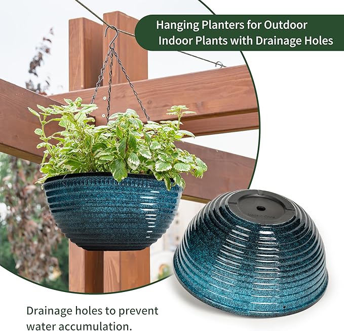 12 inch Hanging Planters for Indoor Outdoor Plants, 2 Pack Large Hanging Flower Pots with Drainage Holes and Chain, Glazed Hanging Baskets for Home Garden Decoration, Blue