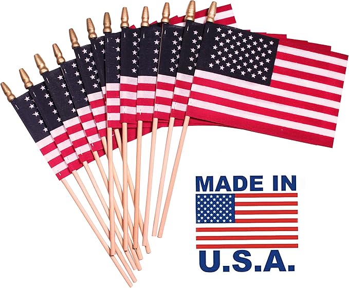American Flags on Stick - Handheld Spearhead US Flag for 4th of July, Memorial Day Event Decorations - Patriotic Decor for Indoors & Yard - Wooden Stick, Cotton Fabric - (8"x12" -24 Pack)