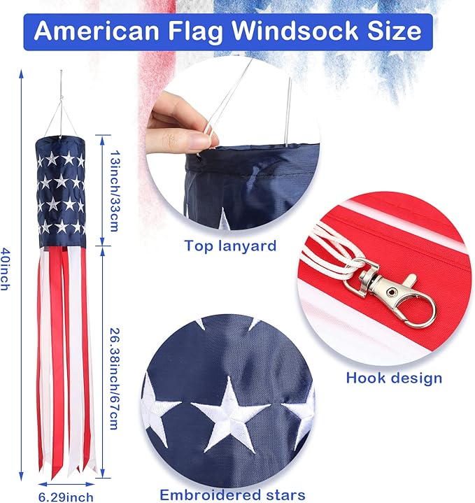40 Inch American US Flag Windsock Outdoor USA Patriotic Decorations Embroidered Wind Socks Outdoor Hanging Fade Resistant 4th of July Windsock Independence Day for Garden Yard (6 Pcs)