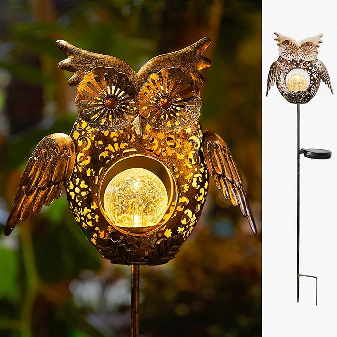 Go2garden Solar Lights Outdoor Owl Garden Gifts Women Metal Stakes Lights for Lawn Ornaments, Yard Art, Pathway, Patio Decorations,Birthday Mothers' Day Gift for Mom Dad Grandma (Bronze)