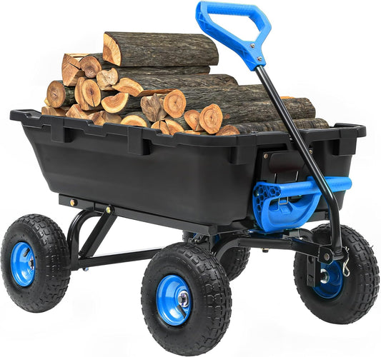 800lb Garden Dump Cart,Utility Wagon Wheelbarrows with Quick-Release System&4 Pneumatic Tires,Heavy Duty Yard Dump Wagon with Steel Frame for Yard, Farm, Gardenand Halloween Hauling (Blue)
