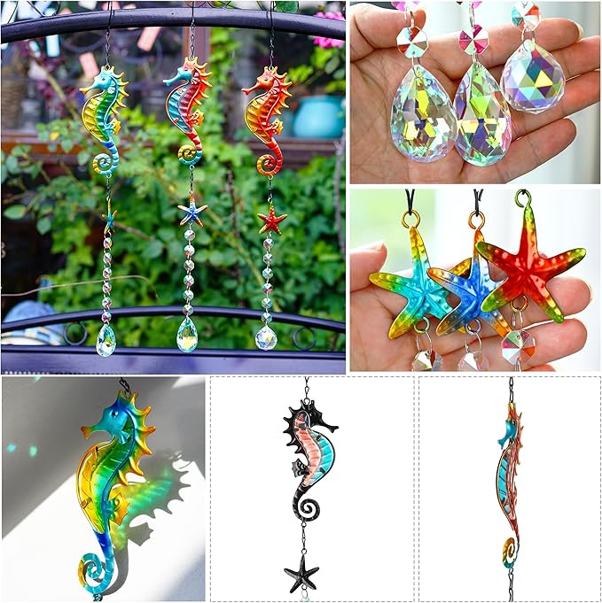 3PCS Metal Seahorse & Starfish Hanging Sun Catchers with Crystals, Colorful Crystal Prisms Stained Glass Suncatcher, Rainbow Maker Pendant Indoor Outdoor Patio Fence Decor