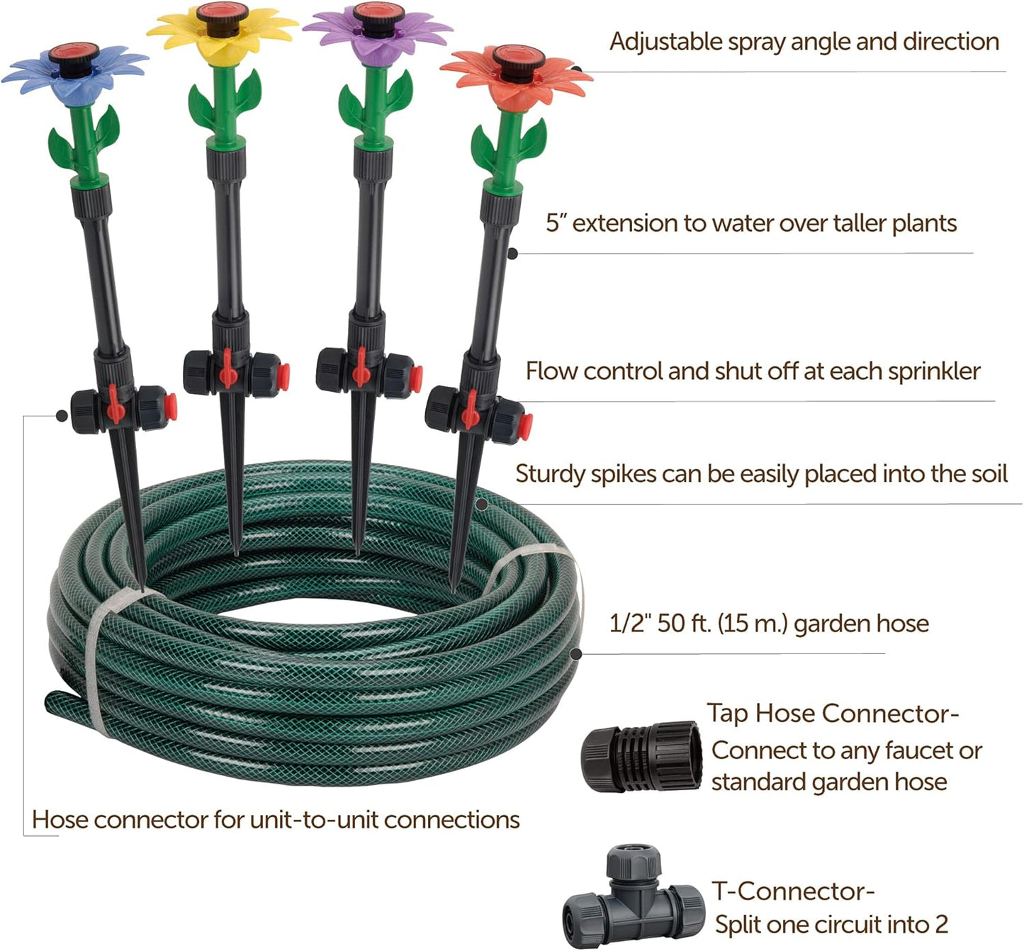 Eden 97065 Daisy Above-Ground 50 Ft Garden Hose and Sprinkler System, DIY Plant Watering Set
