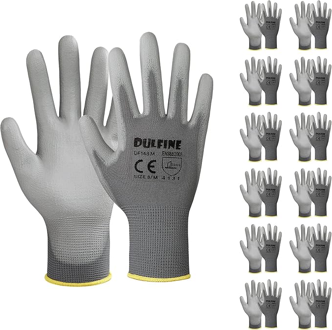 DULFINE Safety Work Gloves PU Coated-12 Pairs,Grey Seamless Knit Glove with Polyurethane Coated Smooth Grip on Palm & Fingers, for Men and Women, Ideal for General Duty Work (XX-Large)