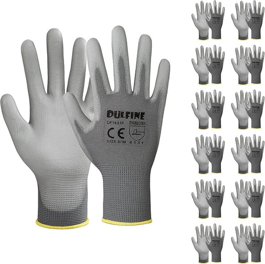 DULFINE Safety Work Gloves PU Coated-12 Pairs,Grey Seamless Knit Glove with Polyurethane Coated Smooth Grip on Palm & Fingers, for Men and Women, Ideal for General Duty Work (Small)