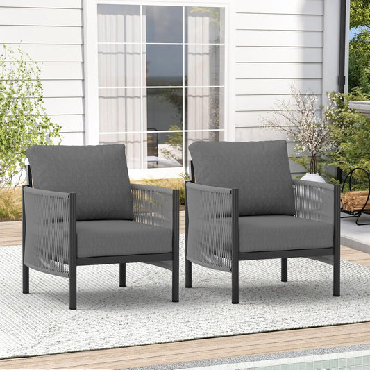 Aluminum Outdoor Sofa Armchair, HDPE Rope Patio Couch with Washable Thick Cushion, All-Weather Outdoor Patio Chairs Set of 2 for Balcony, Yard, Gray Frame, Charcoal