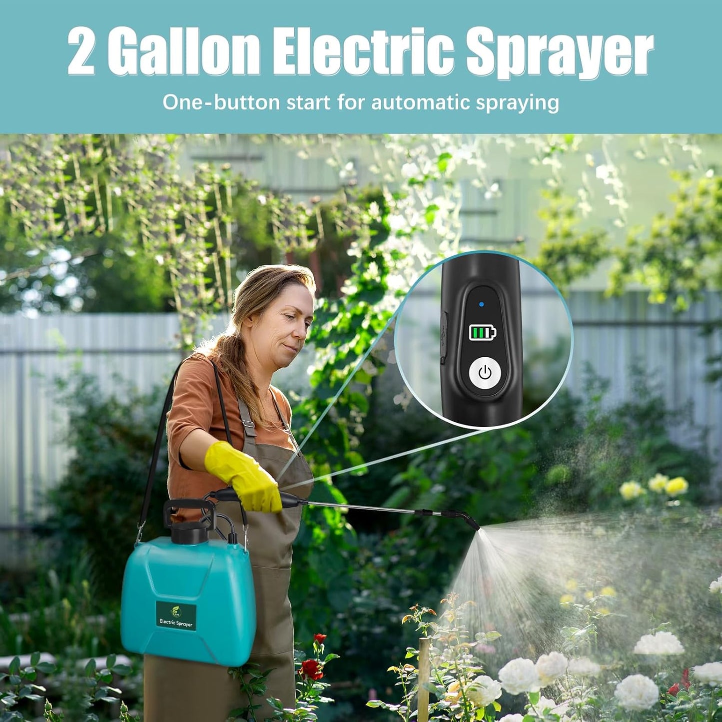 2 Gallon Battery Powered Garden Sprayer, Electric Sprayer with USB Rechargeable Handle, 3 Mist Nozzles, Retractable Wand, Water Pump Sprayers with Adjustable Shoulder Strap for Yard, Lawn and Garden
