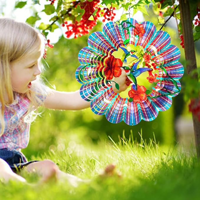 Hummingbird Wind Spinner - Hummingbird Gift for Women Men, Metal Wind Spinners for Outdoor & Indoor Decoration 12in 3D Hanging Bird Wind Catcher Unique Garden Decor Kinetic Yard Art Ornament