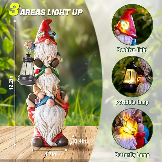 Garden Gnome Statue with Solar Lights Large Garden Sculptures Funny Triple Gnome Outdoor Patio Lawn Yard Garden Decor Gifts for Women Mom 12 in Spring Gnomes Outdoor