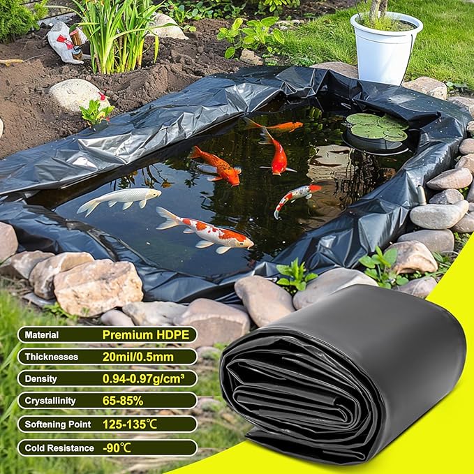 20 x 25 FT Pond Liner, HDPE Pond Liners for Outdoor Ponds 20 Mil Easy Cutting Puncture Resistant Impermeable Pond Liners Skins for Koi Fish, Water Garden Waterfall Fountain Aquaculture Pond