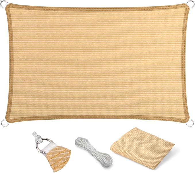 Eden's Decor Straight Flat-Edged Sun Shade Sail Rectangular 7' x 13' Beige UV-Blocking Outdoor Canopy Fabric Cloth Awning for Pergola Patio Garden Backyard Custom Size