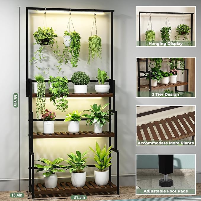 Hanging Plant Stand with Grow Light, 3 Tier Metal Plant Stand for Indoor Plants Multiple, Large Plant Shelf Display Holder, Ladder Shape Plant Rack for Living Room, Patio, Balcony