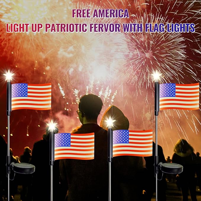Flumy 4 Pack Solar American Flag Lights Outdoor for Garden, Solar Garden Lights for USA Election Yard Decor, Glowing American Flag Lights Suit for Veterans Day Thanksgiving Day Christmas Decoration
