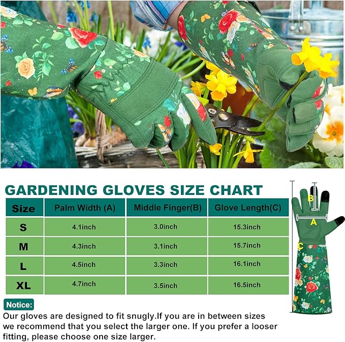 DLY Gardening Gloves,Leather Rose Gloves,Women's Long Gardening Glove for Work and Yard Work,Durable and Comfortable(Medium, Green