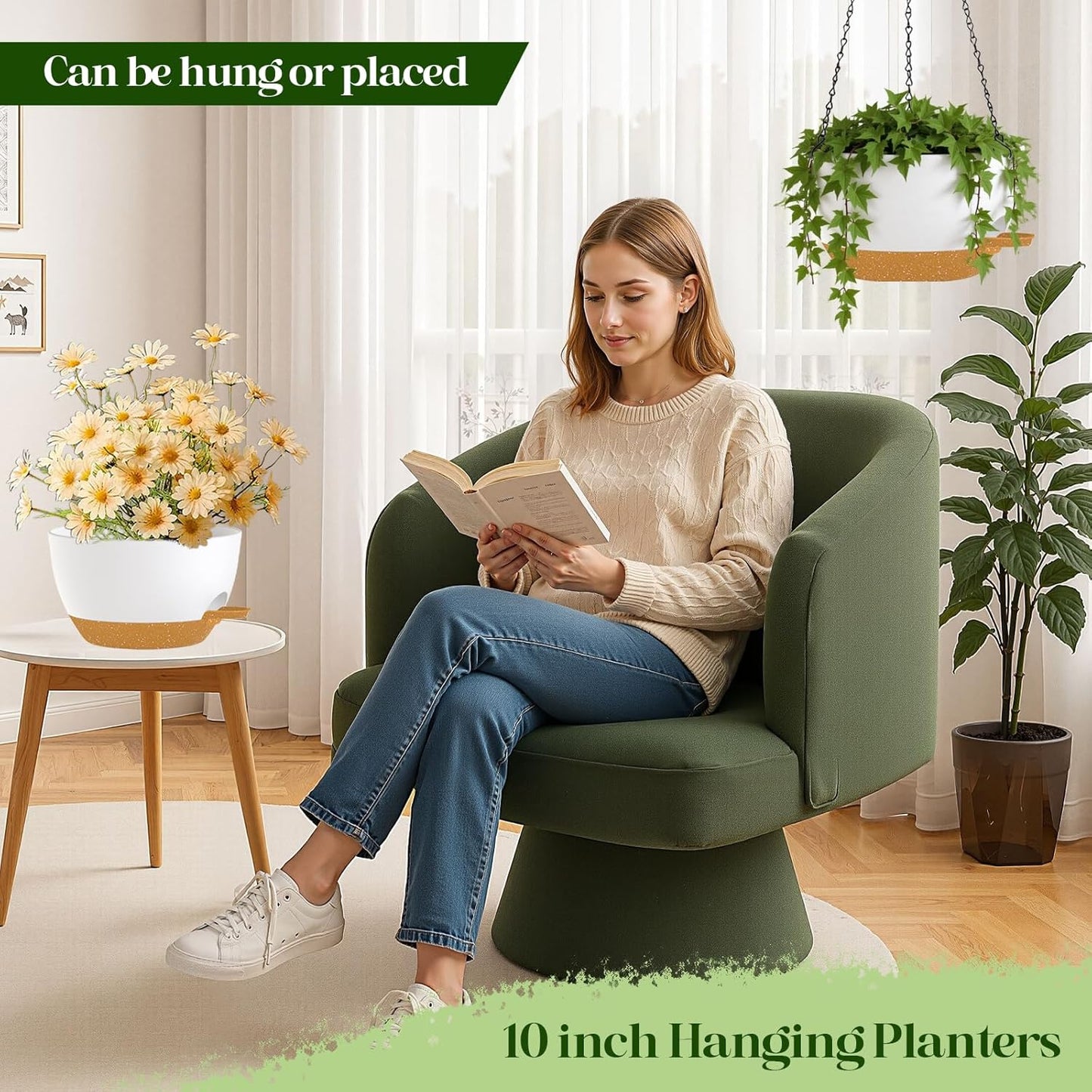 10 Inch Hanging Planters with Chains 2 Pack Self Watering White Brown Plastic Hanging Pots for Indoor Outdoor Plants, Garden Porch Home Decor (White Brown)