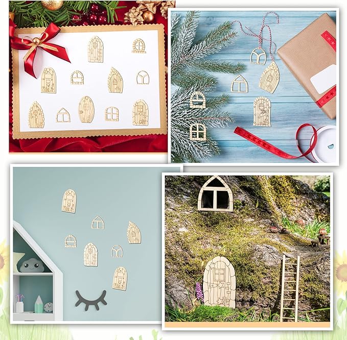 64 Pcs Fairy Door Mini Wooden Garden Doors Unfinished DIY Craft Fairy House Kit Unpainted Wood Miniature Door Blank Fairy House Doors and Windows for Home Office Wedding Party Decoration Accessories