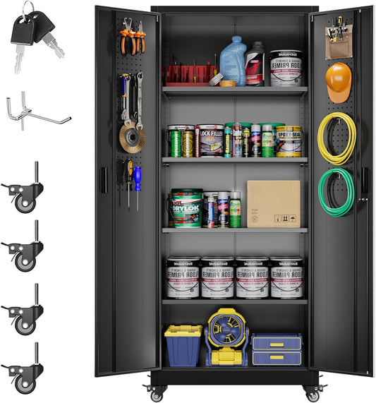 73" H Metal Garage Storage Cabinet with Wheels & Pegboard,Rolling Tool Cabinet with 2 Doors and 4 Shelves for Garage,Home,Office,Warehouse,Workshop, Required-Assembly,Black