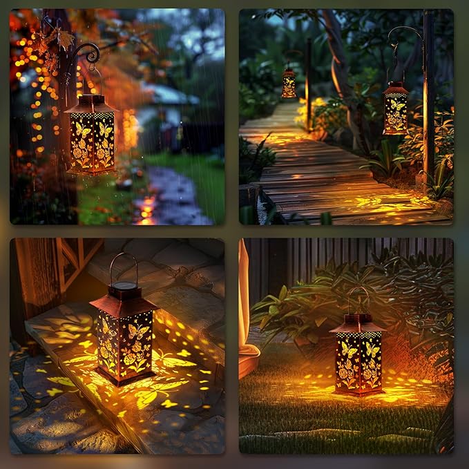 Homemory Butterfly Solar Lanterns Waterproof, Metal Hanging Hollowed-Out Metal Decor Lantern, LED Outdoor Decoration for Outside LED Lanternse for Yard, Backyard, Porch, Lawn