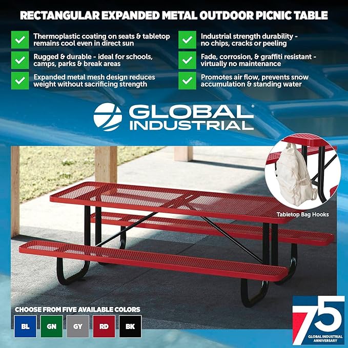 Global Industrial 8’L Rectangular Picnic Table, Expanded Metal, Red Thermoplastic Coating, Attached Benches, 1-1/2” Umbrella Pole Hole, Outdoor-Rated, 1000 lb Capacity, 96” x 30” Tabletop