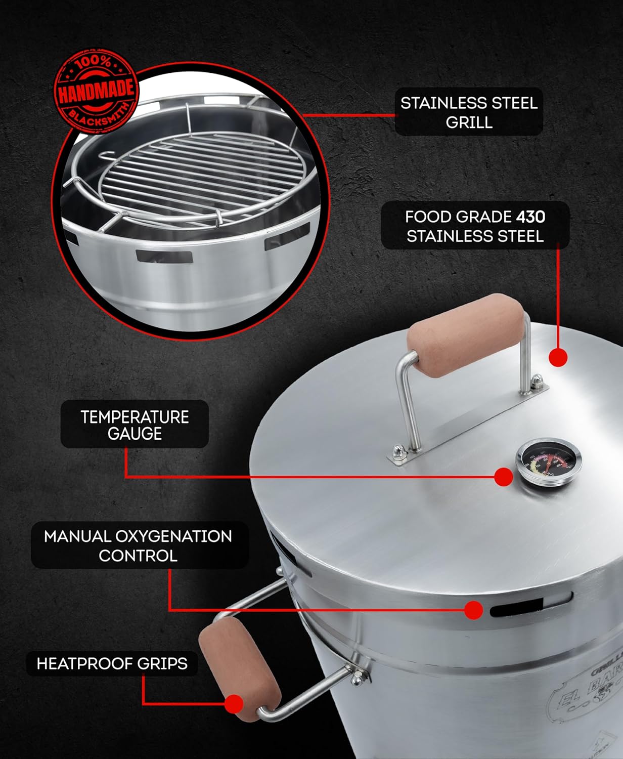 El Barril Lite Large Barrel Smoker Grill, Stainless Steel 430, 45 lb Capacity, 14 Meat Hooks, Upper Grill and Handler, Outdoor Vertical Charcoal BBQ (Lite 45LBS Large)