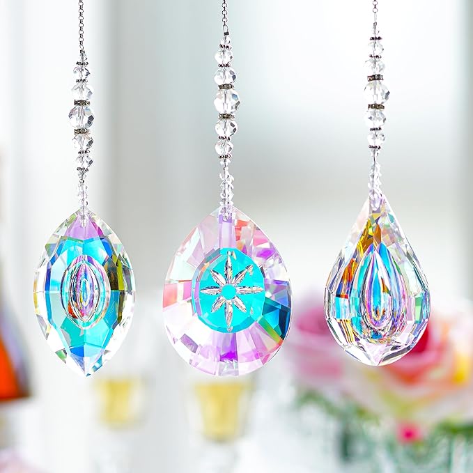 HDCRYSTALGIFTS Pack of 3 Crystal Suncatchers,AB Colored Sun Catchers with Crystals for Window Hanging Rainbow Maker Prisms Suncatchers Indoor Outdoor Decorations Ornaments