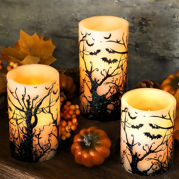 Halloween Decor Flameless Candles Set of 3 Black Spooky Bats Decal Flickering Candles Battery Operated with Remote Real Wax LED Pillar Candles for Halloween Party Horrible Theme Decor