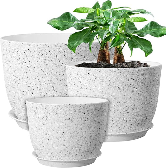 12/10/9 Large Modern Plant Pots, Plastic Planters with Drainage Holes and Saucers for Indoor Outdoor Plants Flowers, White Speckles