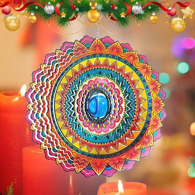 FONMY Wind Spinner 3D Stainless Steel Christmas Decoration Room Decor Indoor/Outdoor Garden Decoration Hanging Ornaments Kinetic Yard Art Decorations 12 inches Multi Red Mandala Wind Spinners