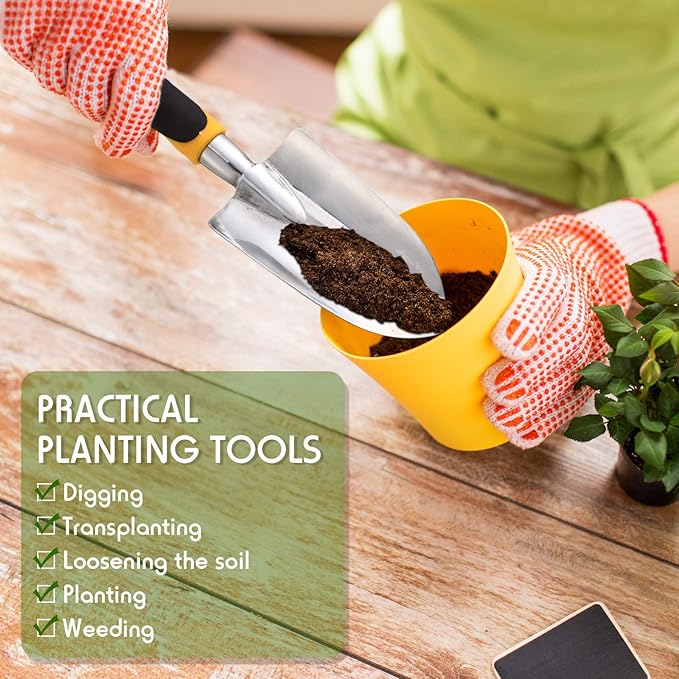 2 Pcs Garden Trowel Hand Shovel Tool Soil Scoop with Soft Rubberized Non Slip Handle Aluminum Alloy Potting Shovel for Digging Planting (Yellow, Green)