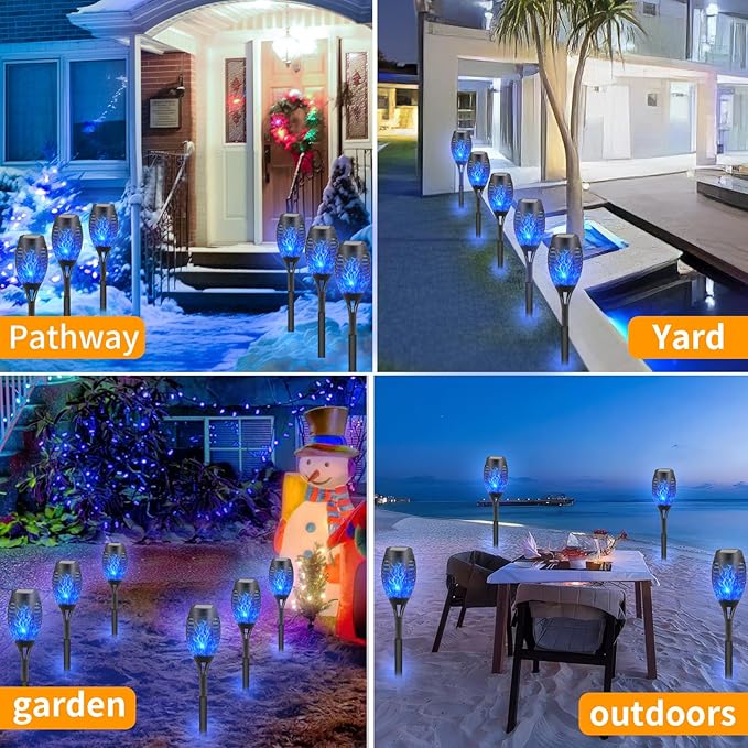 12-Pack Blue Solar Flickering Flame Torches – Waterproof Solar Garden Lights, Outdoor Solar Lights for Yards, and Flame Torches for Patio and Pathway Decorations