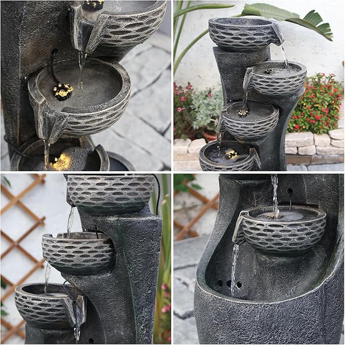 35.83''H Indoor Outdoor Modern Water Fountain 6-Tiers Garden Cascading Fountains Curve Shape Floor Standing Waterfall Water Feature with LED Light for Yard Deck Patio Home Art Decor