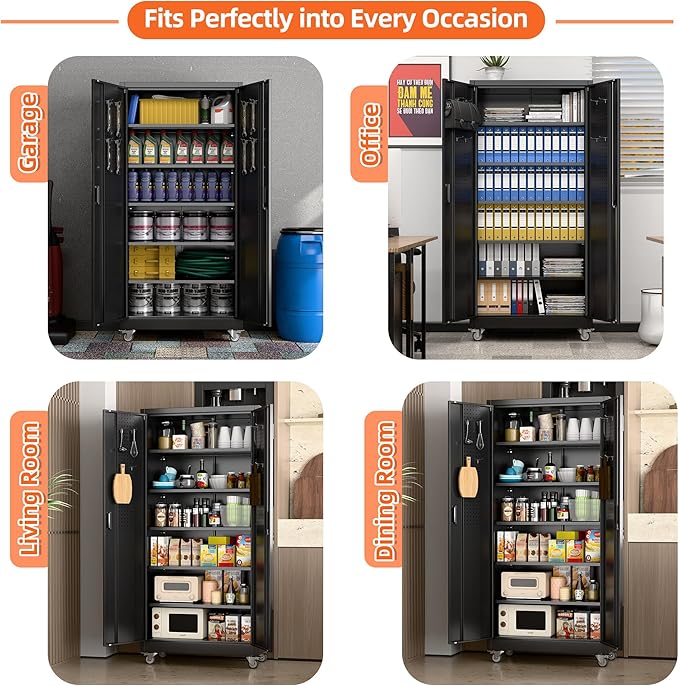 71" H×32" W×16" D Garage Storage Cabinet with Wheels, Locking Metal Storage Cabinet with 5 Adjustable Shelves, 4 Hooks and Pegboard for Garage, Home Office, Kitchen, Black, Assembly Required