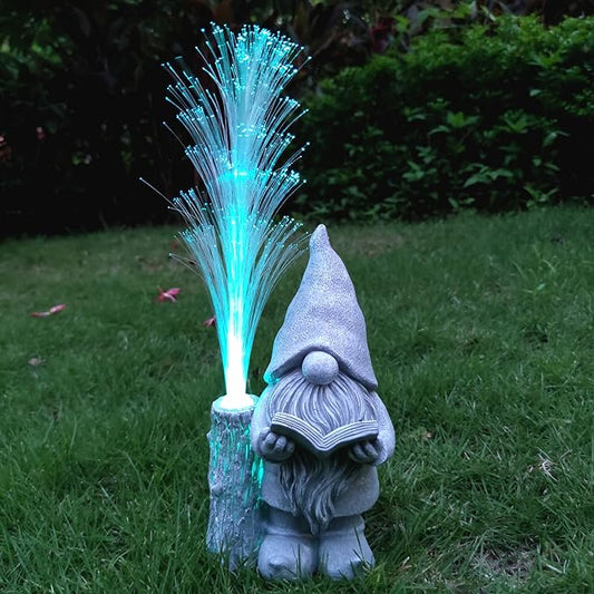 Gnomes Statue Solar Garden Decor,Resin Gnome Statues and Colour Changing Optical Fiber Solar Lights,Outdoor Decoration for Balcony, Garden, Patio, Yard, Lawn, Gifts for Mom Grandma