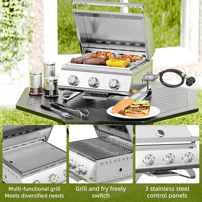 3-Burner 24,000 BTU Portable Flat Top Propane Gas Grill, Heavy-Duty Stainless Steel 2-in-1 Tabletop Grill and Griddle Combo for Commercial BBQ, Outdoor Cooking, Camping,Tailgates & Backyard