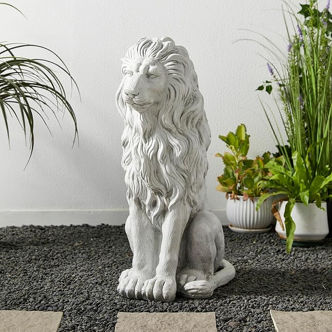 Glitzhome Guardian Sitting Lion Garden Statue MGO Outdoor Decoration, 27.75" H, White