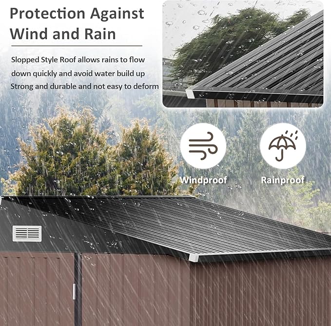 Aoxun 9.4x7.3x6.5 FT Outdoor Storage Shed, Garbage Can, Outdoor Metal Shed for Tool, Garden, Bike, Placed in Patio, Garden Brown Base Included