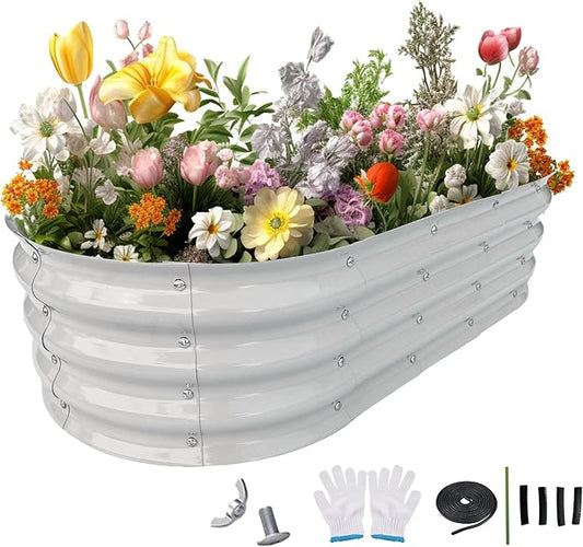 Galvanized Metal Raised Garden Bed 4x2x1ft Large Raised Planter 1Pack Outdoor Planter Box with Rubber Stripe and Safety Gloves for Vegetables, Fruits, Herbs, Flowers, Grey White
