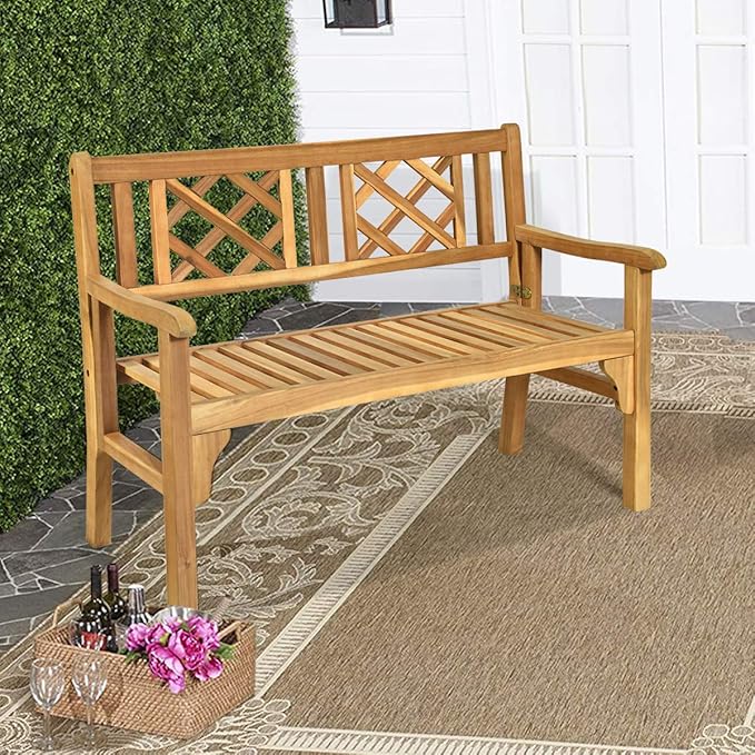 Giantex 4 Ft Foldable Outdoor Bench, Acacia Wood Outside Loveseat with Curved Backrest and Armrest, 705Lbs Weight Capacity, Garden Bench for Patio, Park, Porch, Balcony