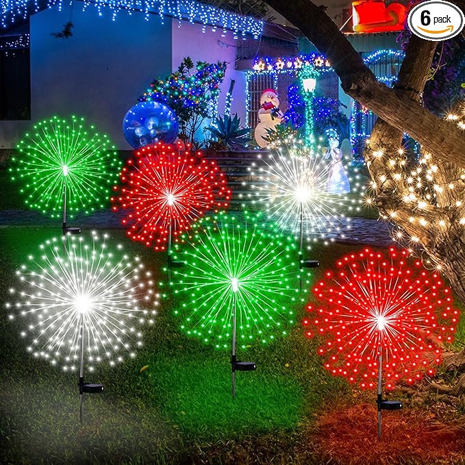 6 Pcs St. Patrick's Day Solar Firework Stake Lights 180 LED 8 Modes Solar Waterproof LED Sparkler Lights Outdoor Decoration for Garden Patio Yard Pathway Walkway Lawn, Red Green White