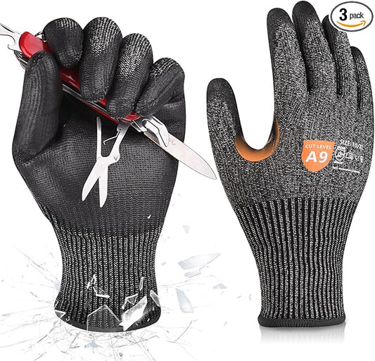 Donfri 3 Pairs A9 Cut Resistant Work Gloves for Men - Steel + HPPE Hybrid Safety Gloves for Men, ANSI Cut Level 9 Protection Flexible for Metal Glass Wood Construction Fishing