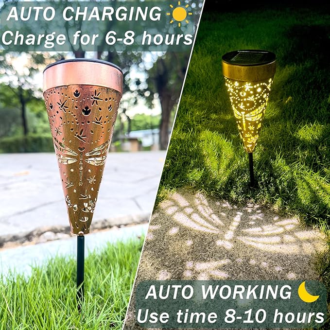2-Pack Dragonfly Outdoor Solar Pathway Lights, Metal Garden Path Decorations, Waterproof Landscape Lighting for Yard, Lawn, Walkway – Gifts for Women, Mom, Grandma