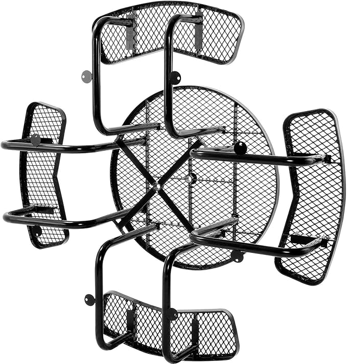 Global Industrial 46" Round Picnic Table, Expanded Metal, Black Thermoplastic Coating, Attached Benches, 1-1/2” Umbrella Pole Hole, Outdoor-Rated, 1000 lb Capacity