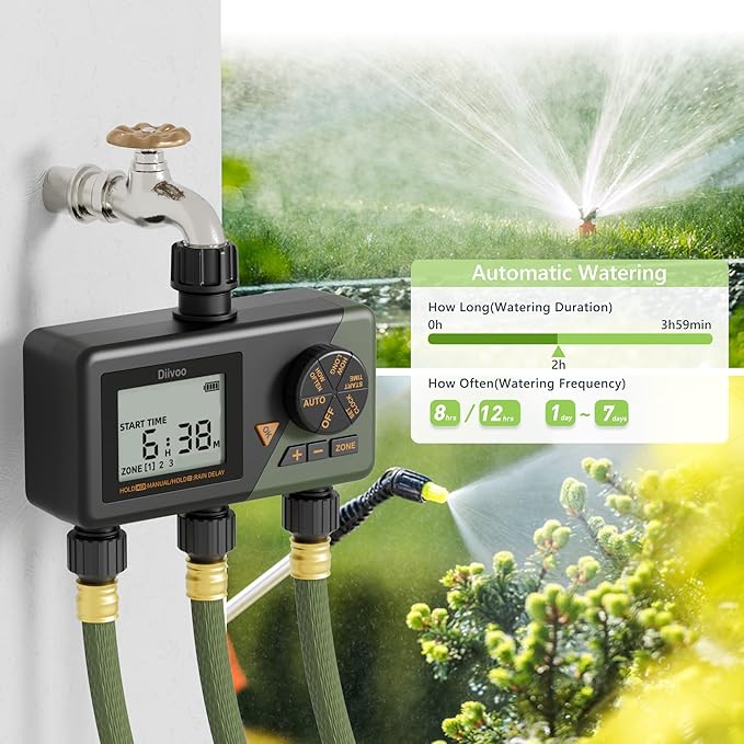 Diivoo Sprinkler Timer 3 Zone, Water Hose Timer 3 Outlet for Garden, Programmable Automatic Irrigation Timer with Rain Delay and Manual/Auto Mode Watering IP54 for Lawn, Yard, Pool