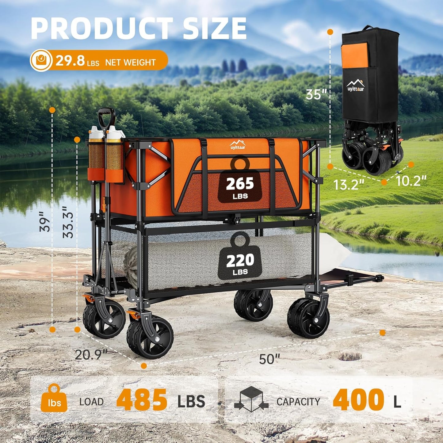 Foldable 50''L Extra Long Double Decker Wagon for Sport, 400L Collapsible Heavy Duty Wagon Cart with Big Wheels, Utility All-Terrain Large Extender Cart for Outdoors, Orange
