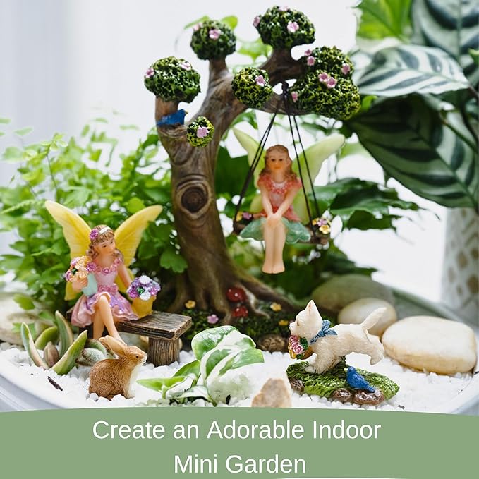 Fairy Garden Accessories Outdoor - Fairy Garden Kit with Fairies for Fairy Garden - Miniatures for an Outdoor Garden, a Fairy Tree Swing, Figurines & Puppy