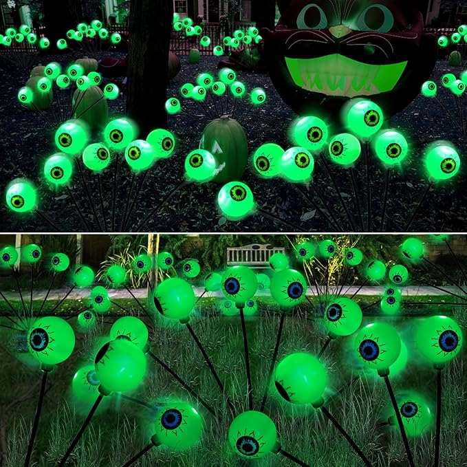 Halloween Decorations Outdoor Lights - 4 Pack 32LED Solar Halloween Scary Eyeball Pathway Lights Swaying by Wind, Waterproof Solar Halloween Stake Lights for Garden Porch Lawn Pathway (Green)