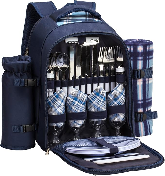 Apollo walker Picnic Backpack Set for 4 with Cooler Compartment,Detachable Bottle/Wine Holder Including Large Picnic Blanket(45"x 53") for Picnic Family and Lovers Gifts,Outdoor,BBQ Time (Blue)