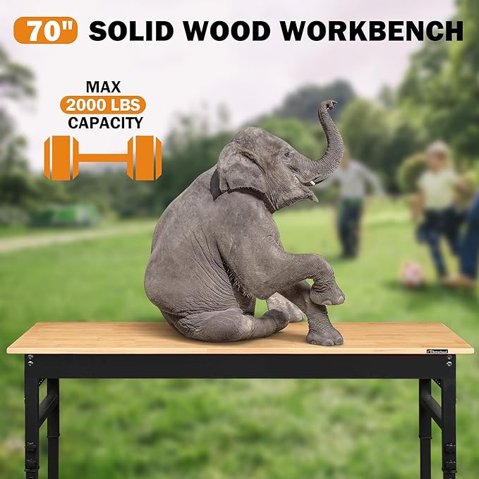 70" Adjustable Height Workbench, 2000 LBS Heavy Duty Work Table with Power Outlets & Pegboard, Rubber Wood Workstation for Garage, Workshop, Office, Home, Commercial