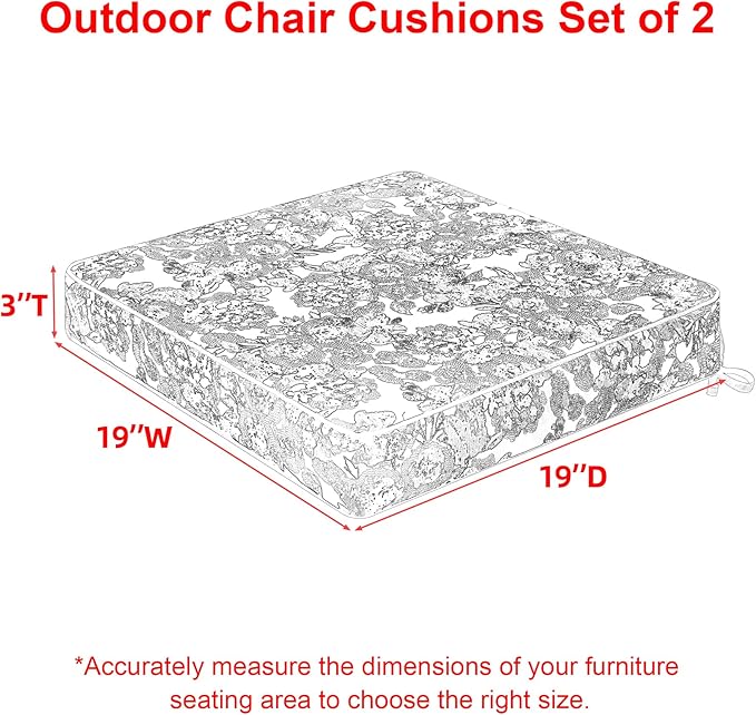 Favoyard Outdoor Chair Cushion 19 x 19 x 3 In Waterproof Pattern Fade Resistant Cushions for Patio Furniture with Removable Cover Attach Straps 28D Foam Insert Cushions Pads for Seat Sofa Couch 2 Pack